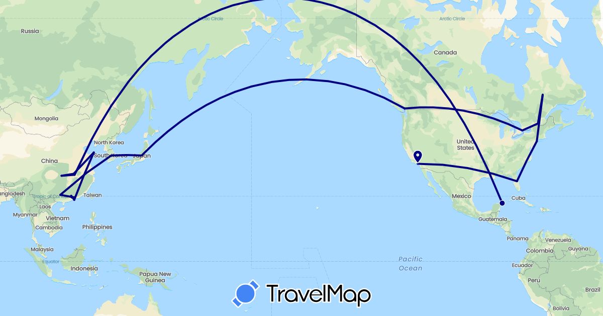 TravelMap itinerary: driving in Canada, China, Japan, South Korea, Mexico, United States (Asia, North America)